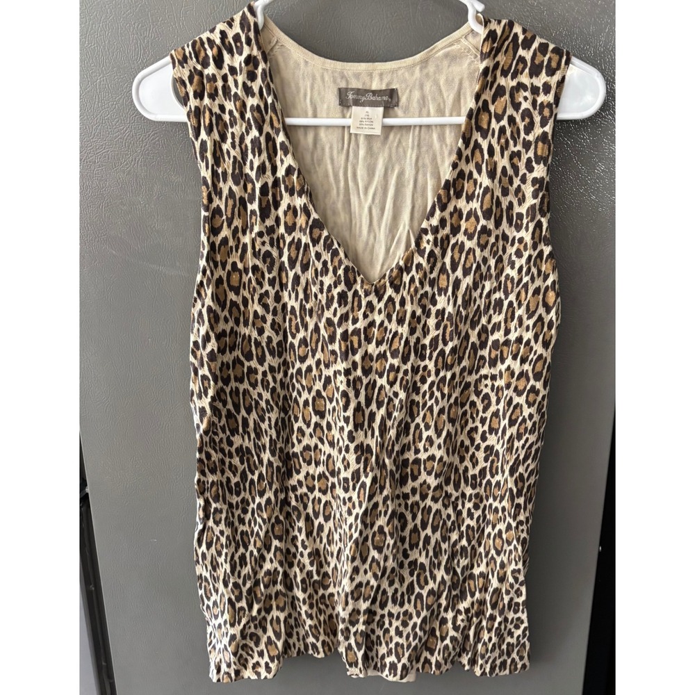 Tommy Bahama Womens XL Leopard Print Silk Blend V-Neck Sleeveless Knit Top Brown